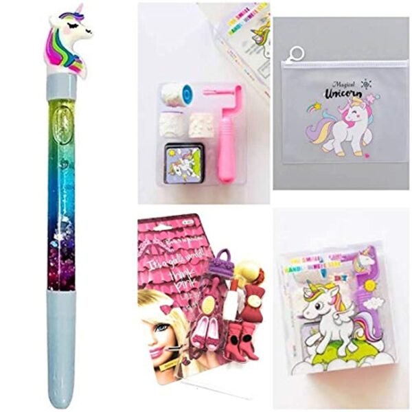 Unicorn Combo Set with Stationery - Big Transparent Printed Pouch / Barbie Eraser Set / Unicorn Glitter Pen / Unicorn Stamp Set / School Set Gift for kids Cloudtree - Pack of 4 Items + 1 FREE Holi gift